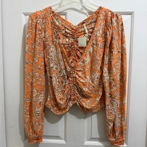 New FREE PEOPLE LOW V-NECK FLORAL RUCHED BLOUSE OB1406076 szWomen M Orange/Brown